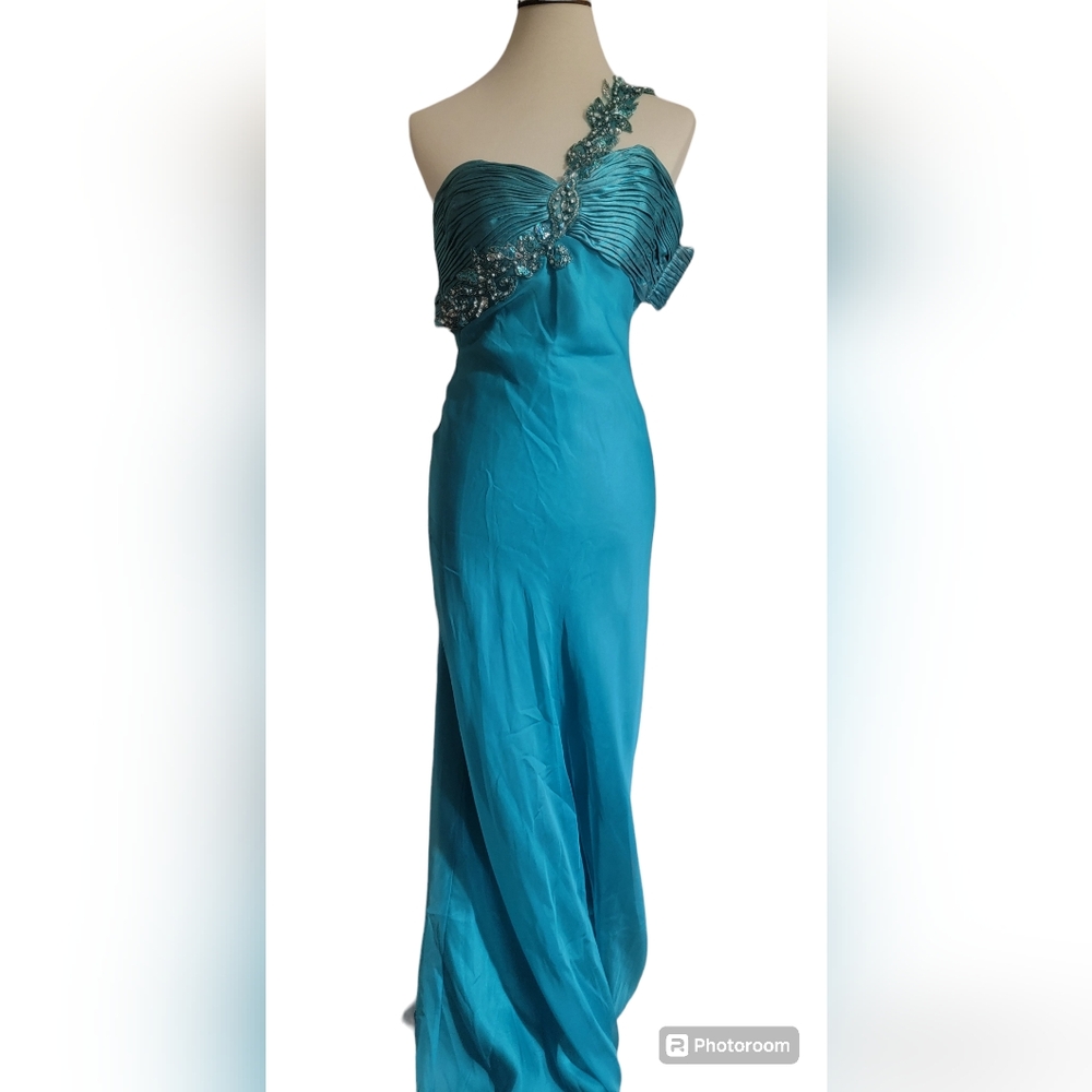 PROM BRIDESMAID WEDDING PAGEANT Faviana Couture full length dress Teal Blue sz 4